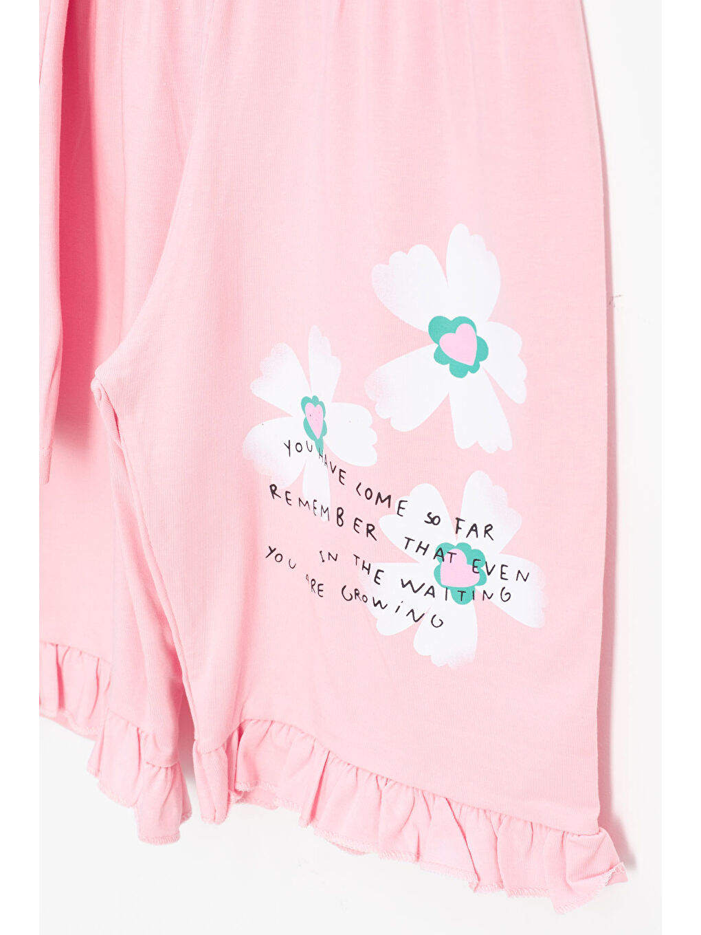 Pembe Somon Çiçek Desenli Fırfır Detaylı Kız Çocuk Şortlu Takım 20596-2