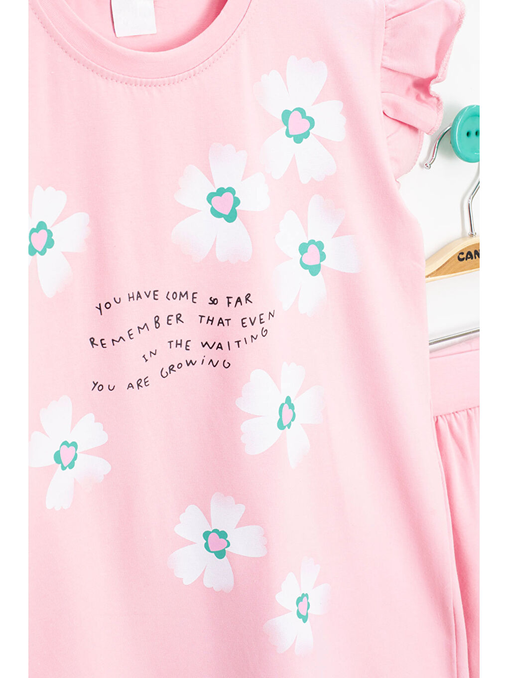 Pembe Somon Çiçek Desenli Fırfır Detaylı Kız Çocuk Şortlu Takım 20596-3