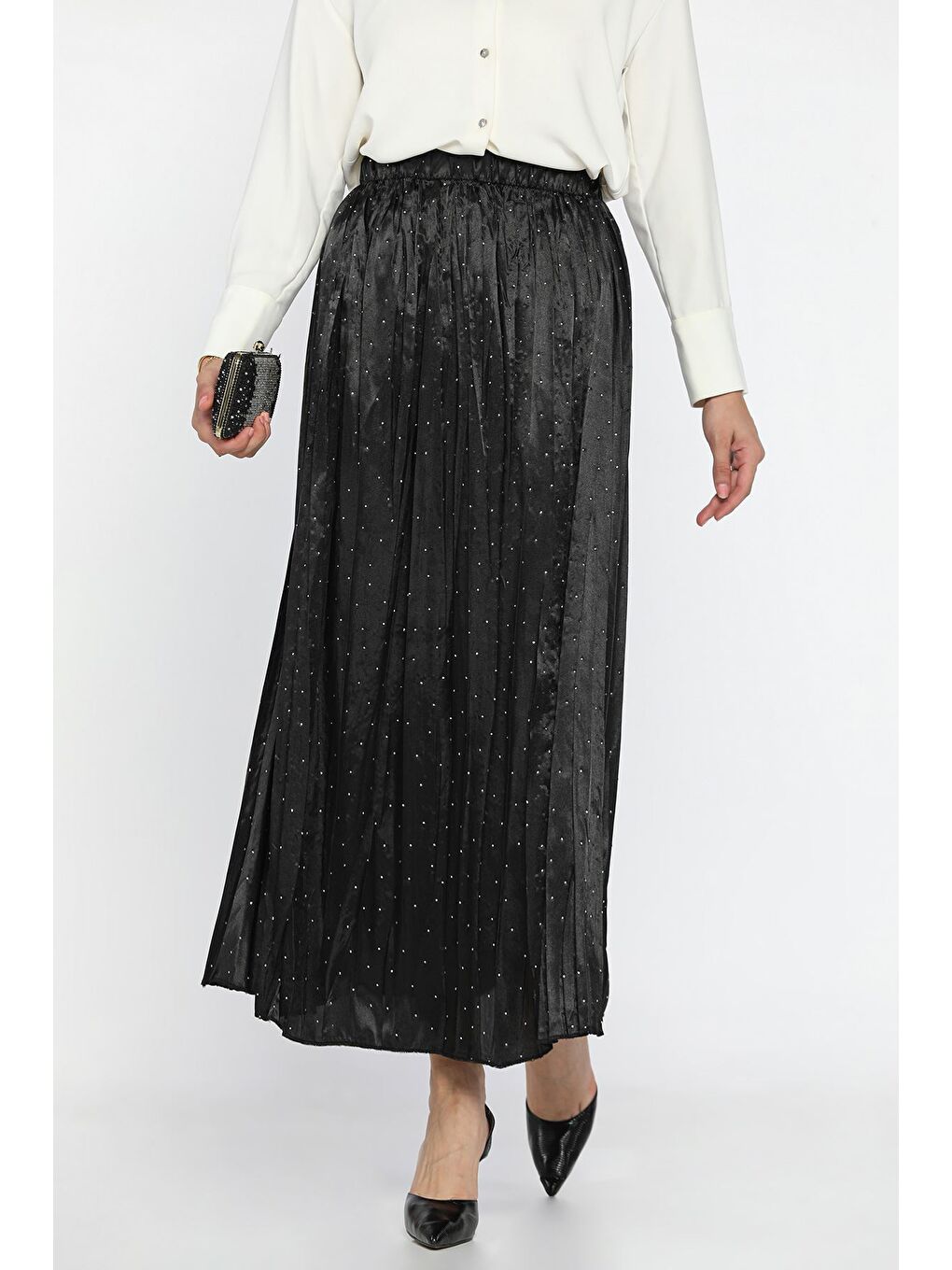 Siyah Bel Lastikli Taşlı Tesettür Etek-2