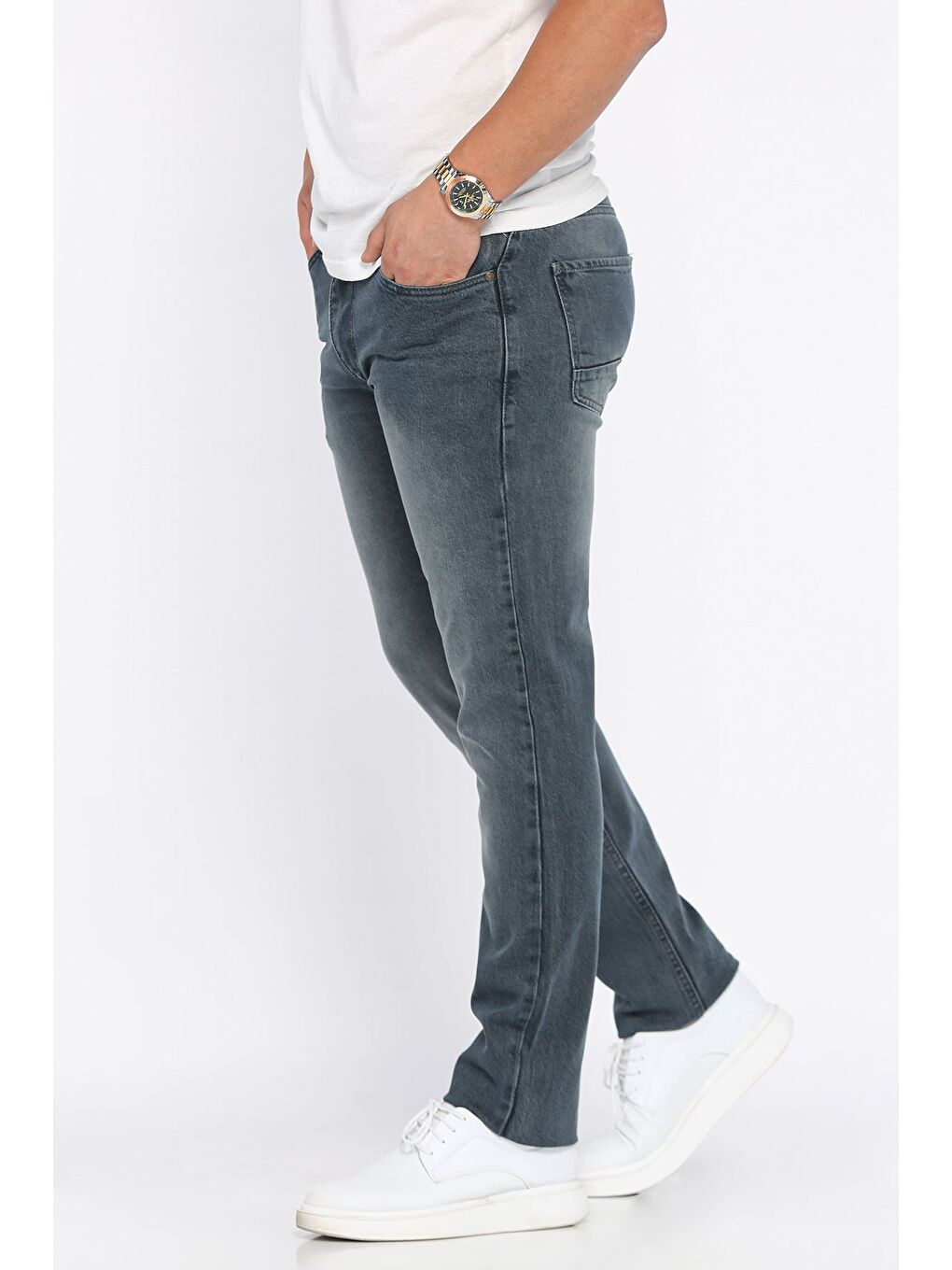 Gri Erkek Elastanlı Fermuarlı Jean Pantolon-1