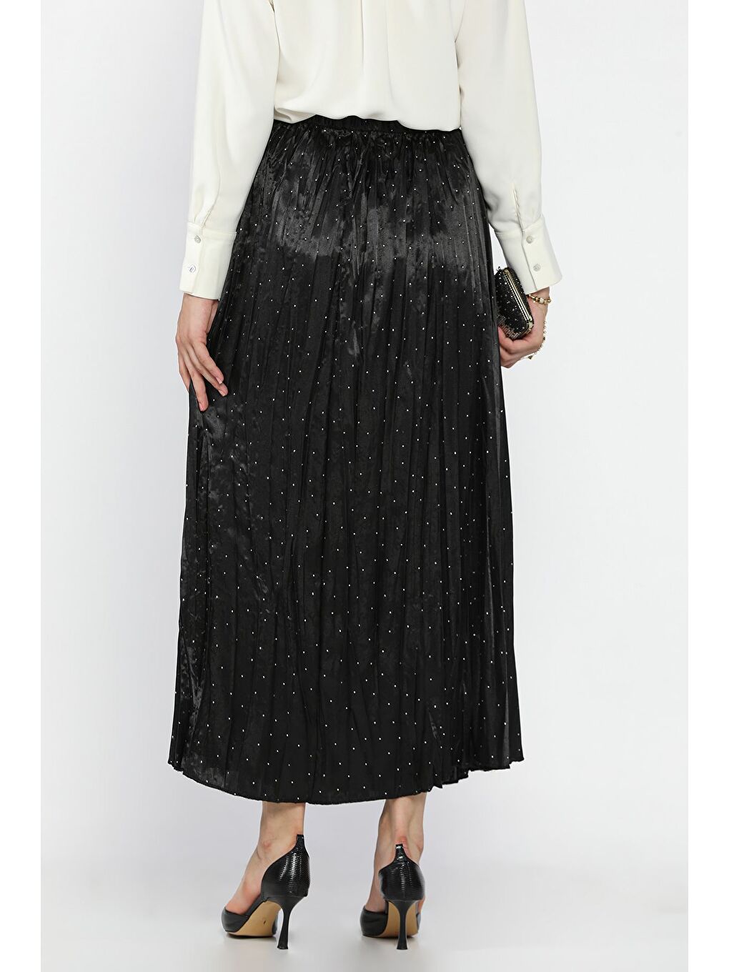 Siyah Bel Lastikli Taşlı Tesettür Etek-4