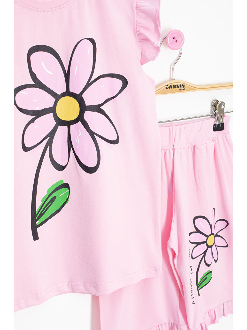 Pembe Papatya Baskılı Fırfır Detaylı Kız Çocuk Şortlu 2li Takım 20602-1