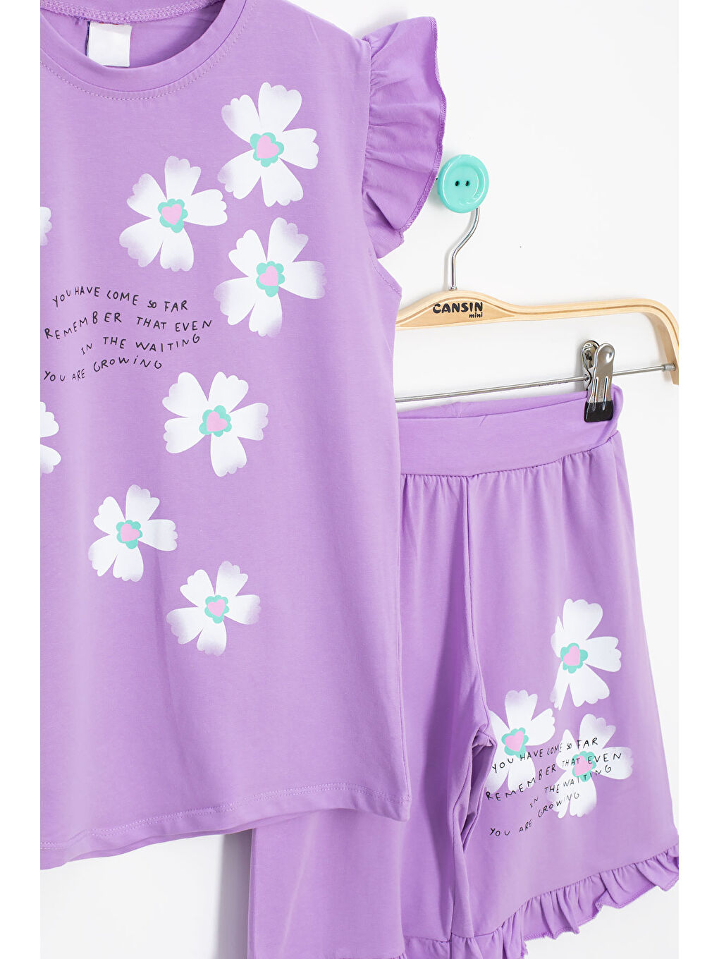 Lila Çiçek Desenli Fırfır Detaylı Kız Çocuk Şortlu Takım 20595-2