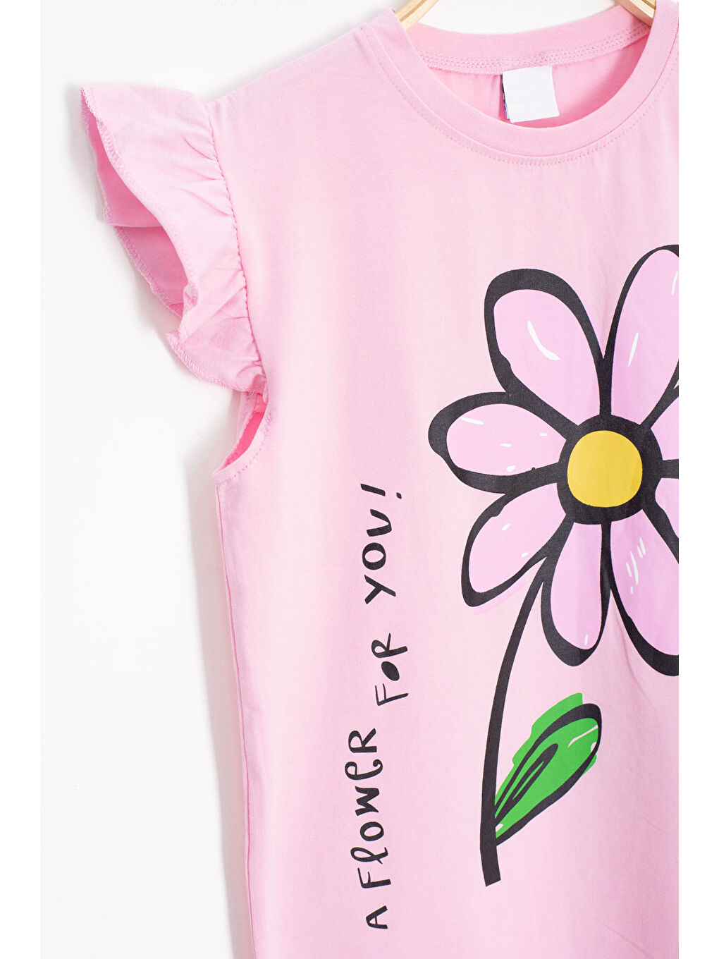 Pembe Papatya Baskılı Fırfır Detaylı Kız Çocuk Şortlu 2li Takım 20602-2