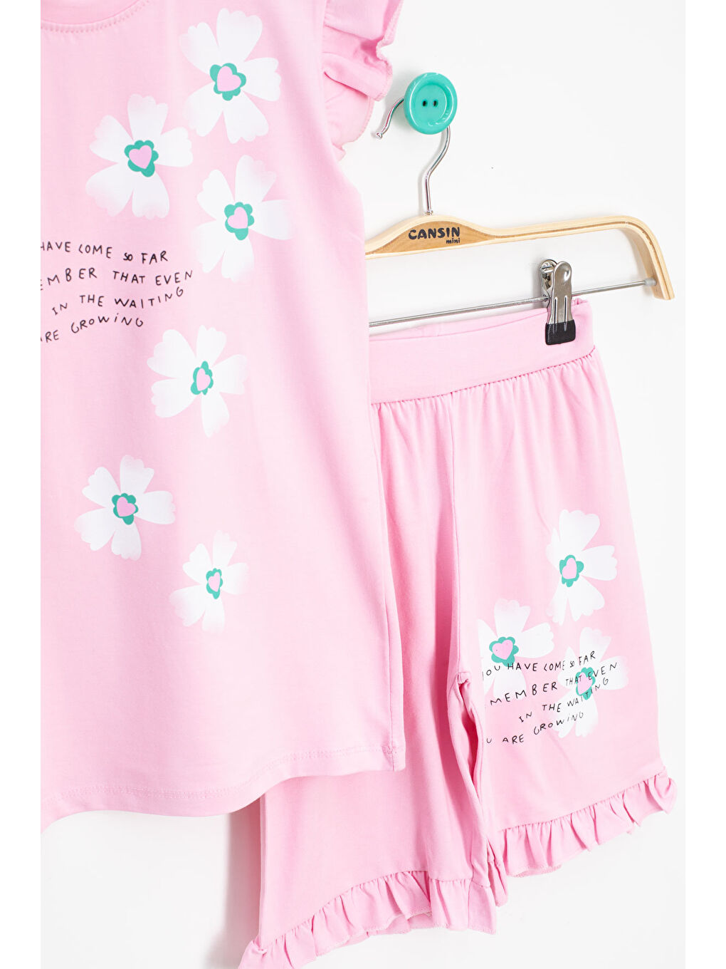 Pembe Çiçek Desenli Fırfır Detaylı Kız Çocuk Şortlu Takım 20598-2