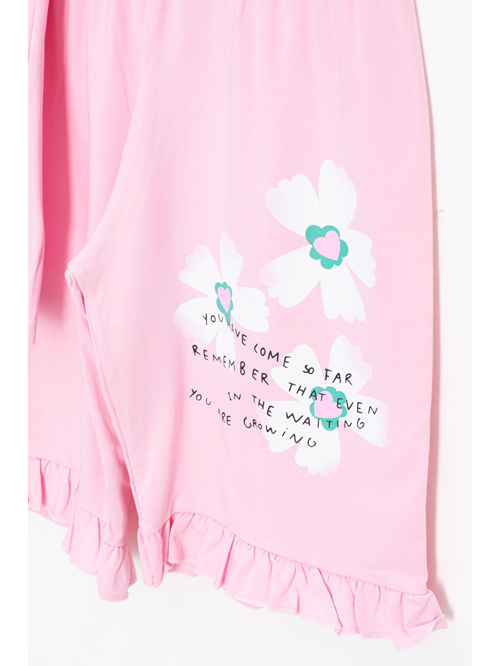 Pembe Çiçek Desenli Fırfır Detaylı Kız Çocuk Şortlu Takım 20598-3