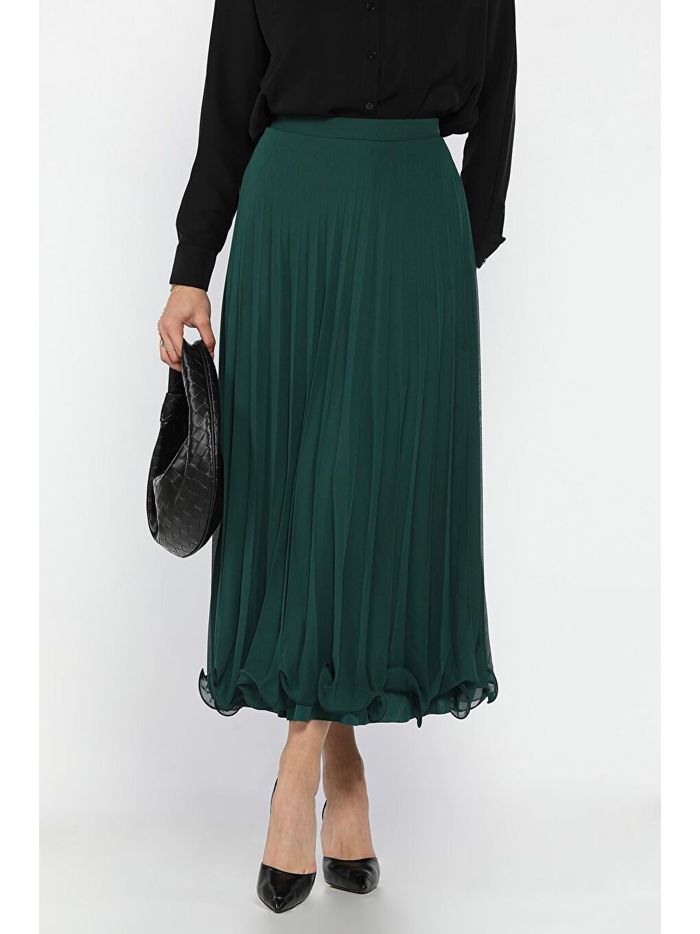 Yeşil Pileli Şifon Tesettür Etek-2