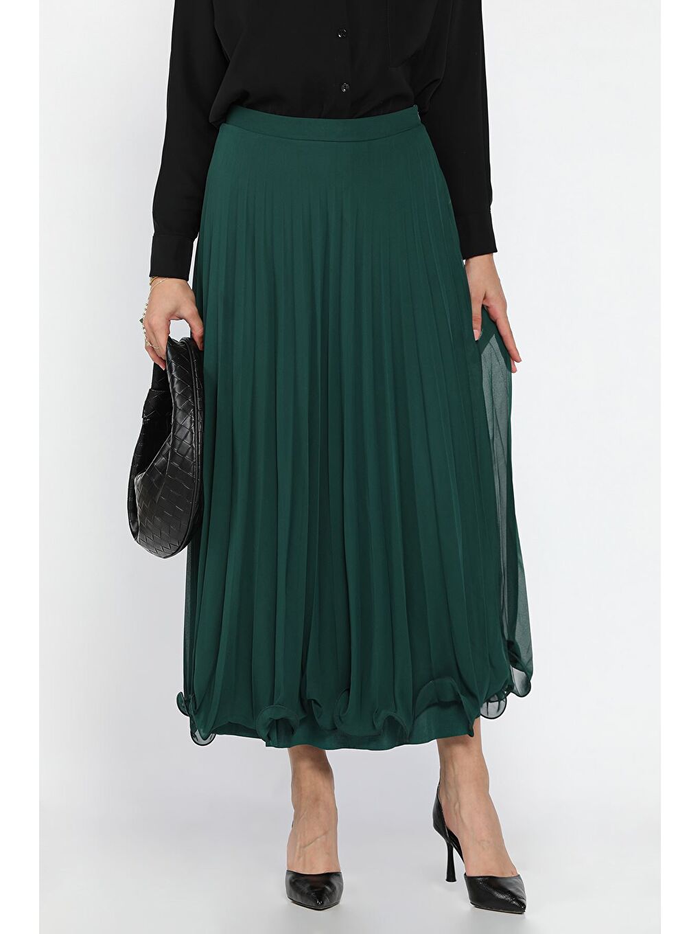 Yeşil Pileli Şifon Tesettür Etek-4