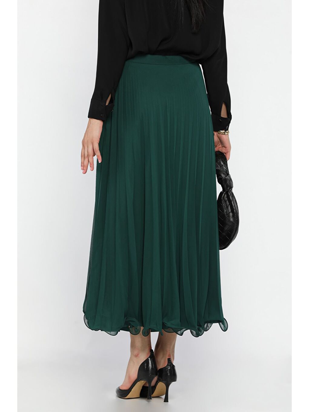 Yeşil Pileli Şifon Tesettür Etek-6