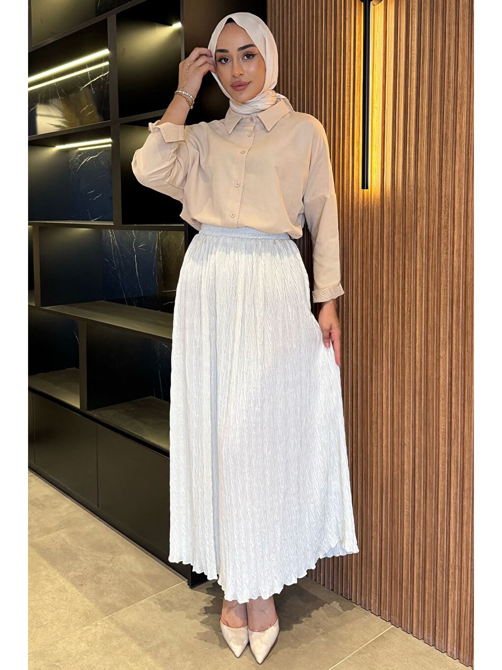 Ekru Bel Lastikli Kendinden Desenli Tesettür Etek(s,m,l,xl Uyumludur)-3