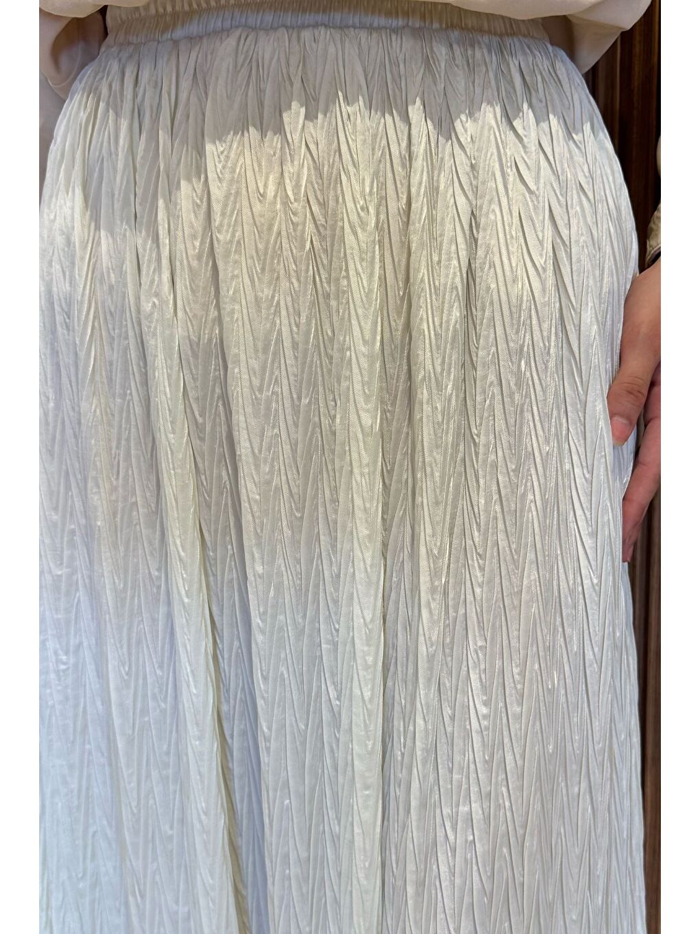 Ekru Bel Lastikli Kendinden Desenli Tesettür Etek(s,m,l,xl Uyumludur)-5