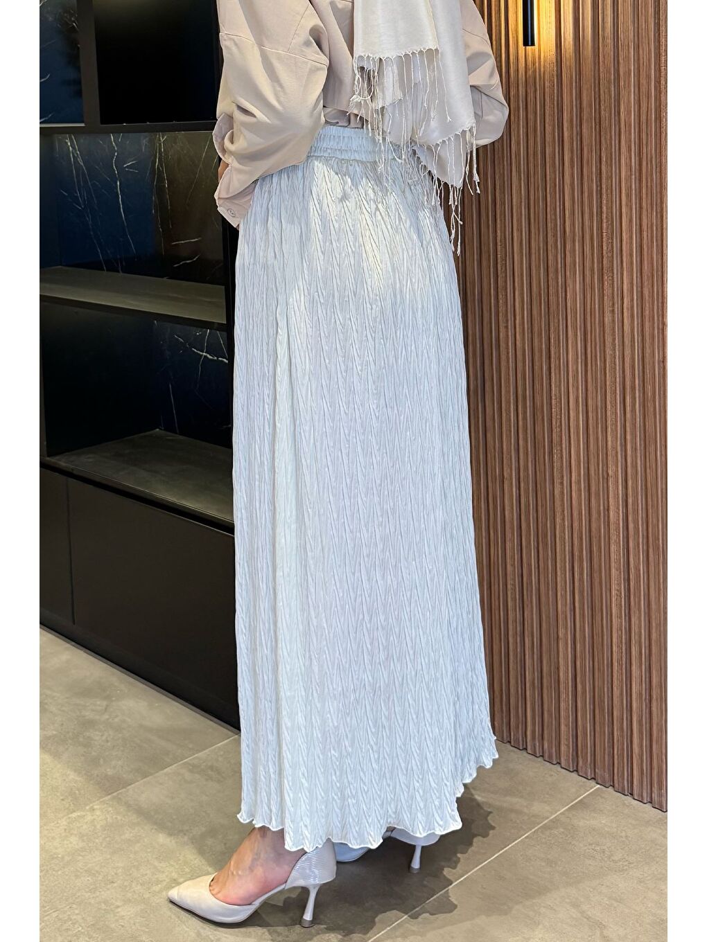 Ekru Bel Lastikli Kendinden Desenli Tesettür Etek(s,m,l,xl Uyumludur)-7