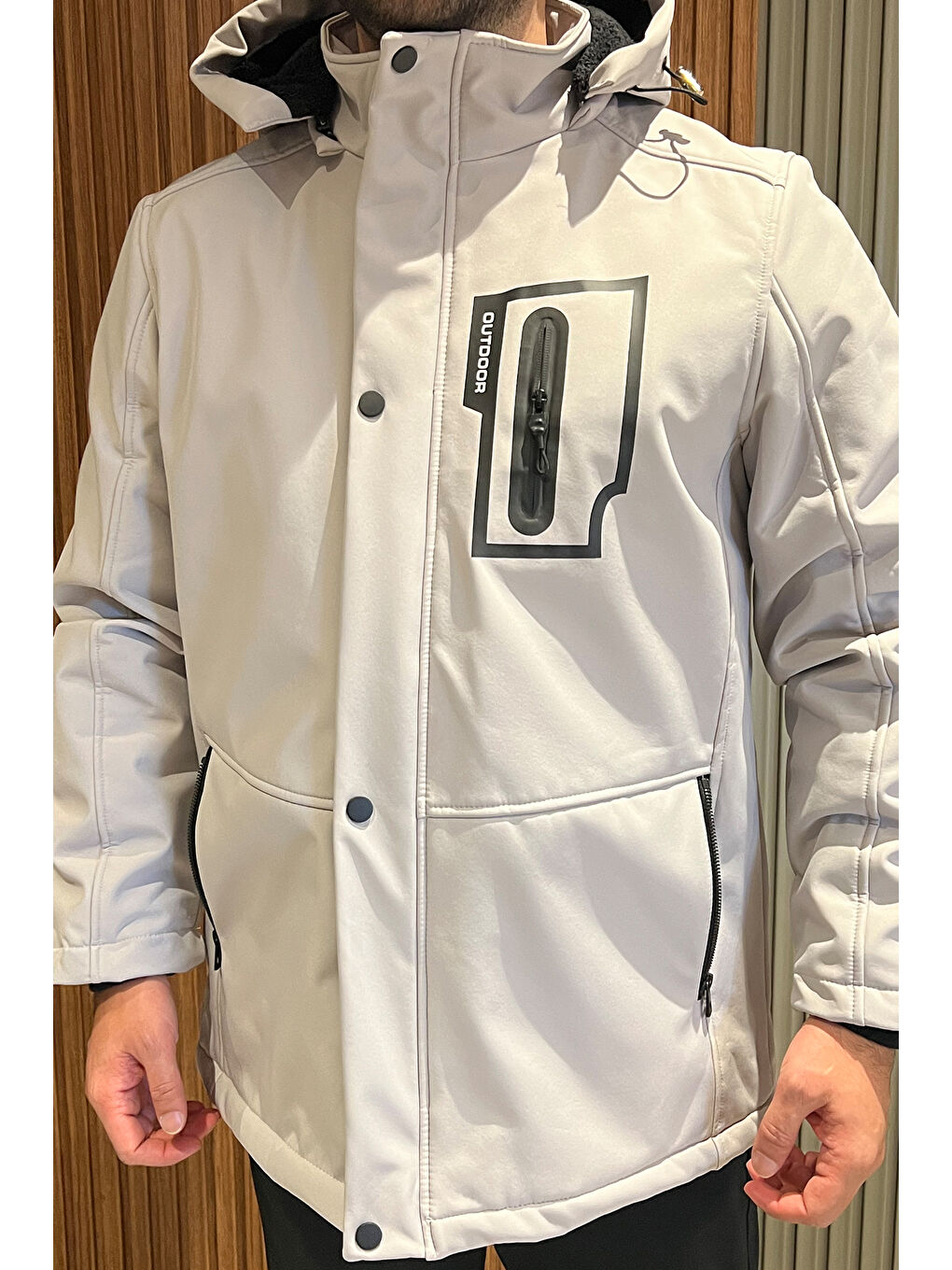 Bej Erkek Kapüşonlu İçi Pelüş Softshell Mont-2