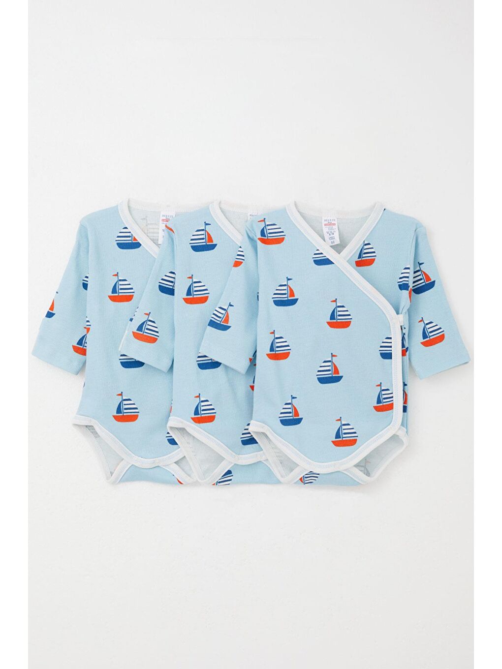 Erkek Bebek Çıtçıtlı Zıbın Body 3 Lü Yelken Desenli Kendinden Eldivenli Açık Mavi (0-3 Ay)