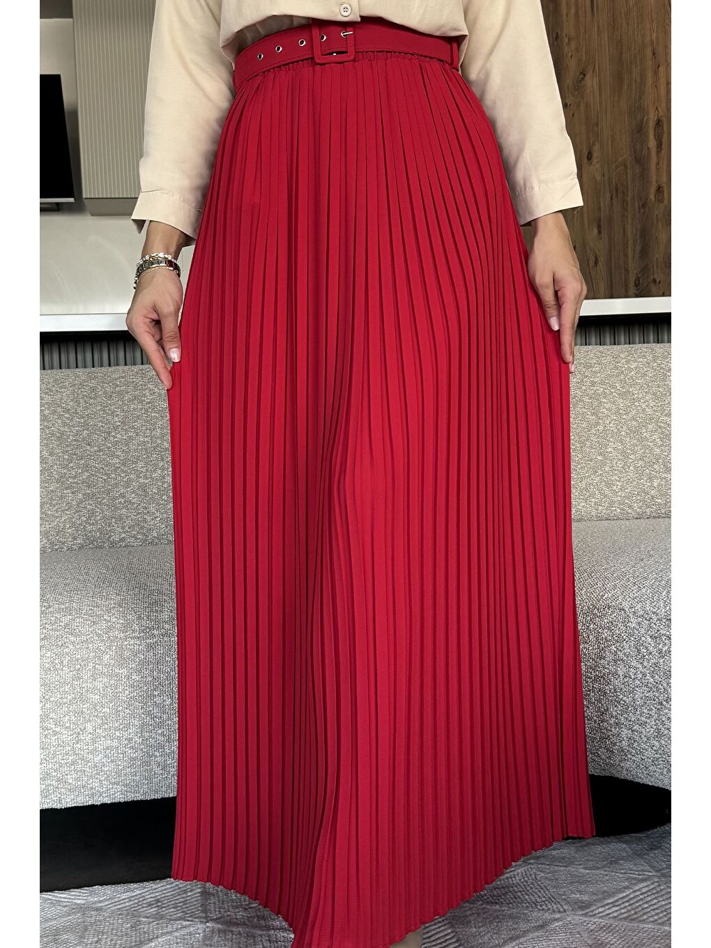 Kırmızı Kemerli Pileli Tesettür Etek (s,m,l,xl Uyumludur)-2