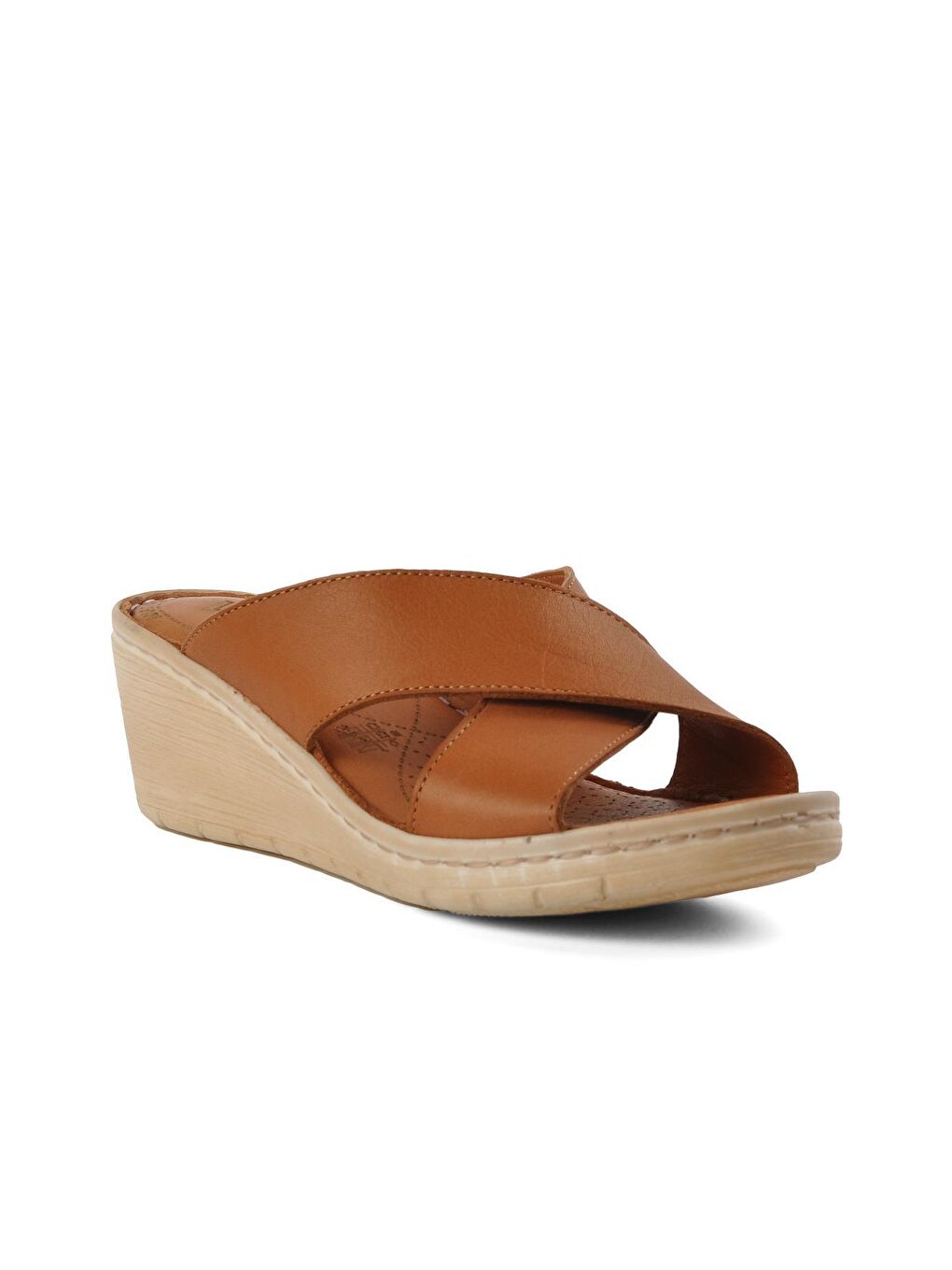 Kahverengi Taba Hakiki Deri Dolgu Topuklu Kadın Terlik 9226-2