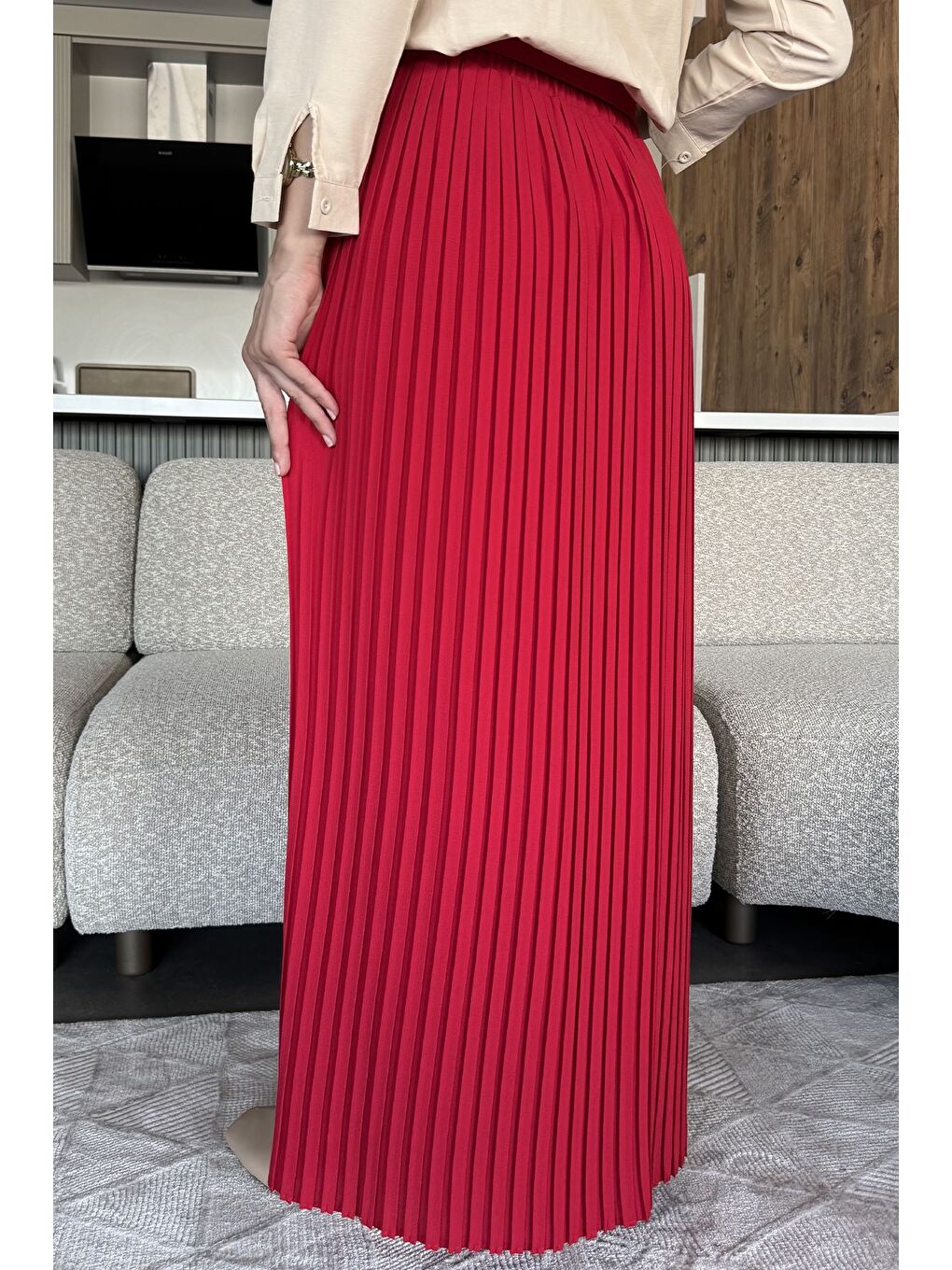 Kırmızı Kemerli Pileli Tesettür Etek (s,m,l,xl Uyumludur)-7