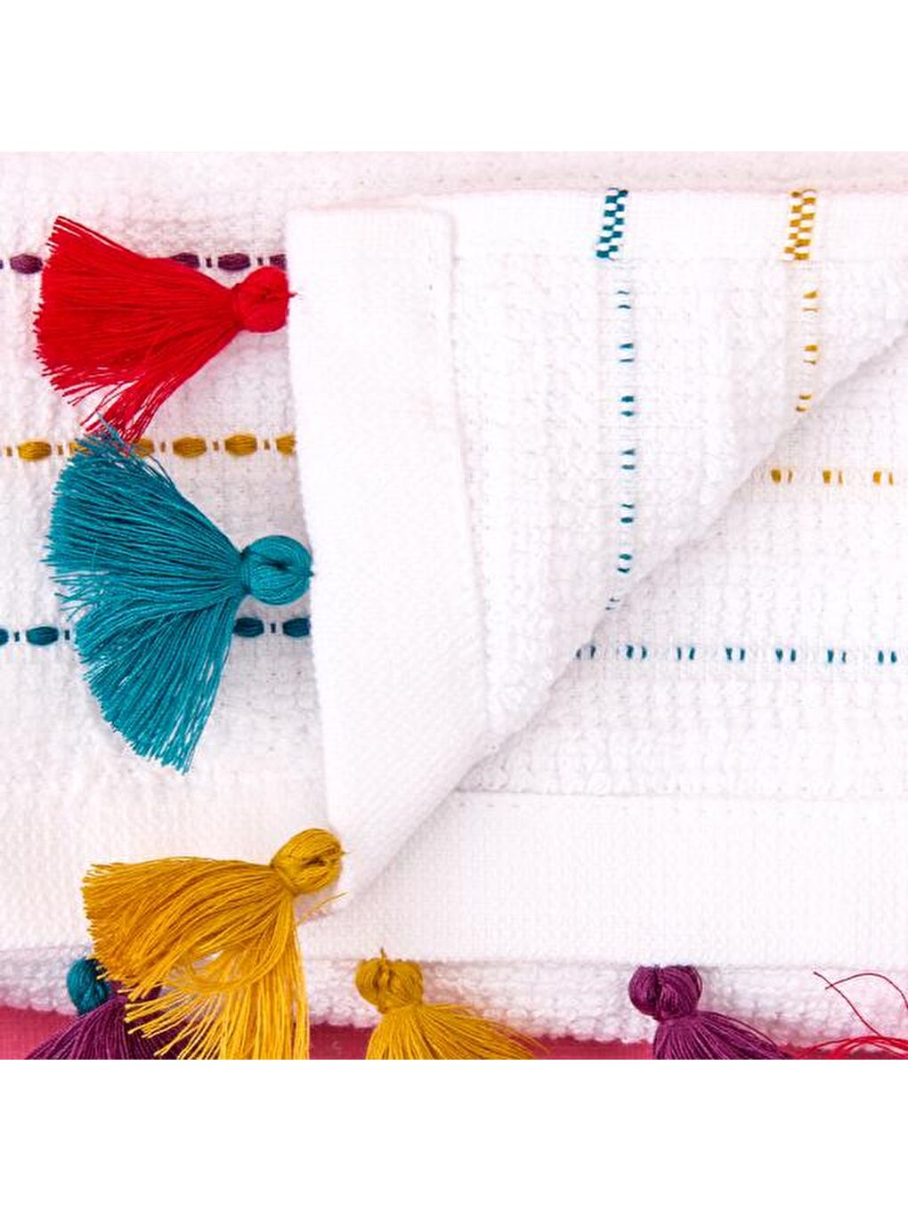 Soft Püsküllü 2'li Havlu Seti - Beyaz / Renkli - 30x30 cm-2