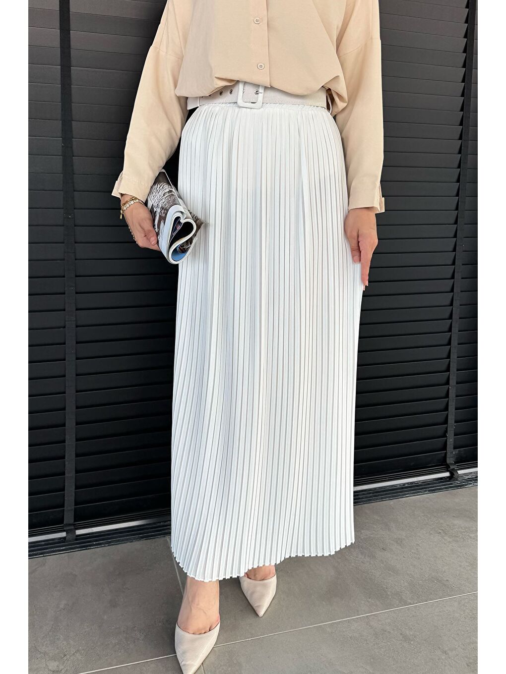 Ekru Kemerli Pileli Tesettür Etek (s,m,l,xl Uyumludur)-2