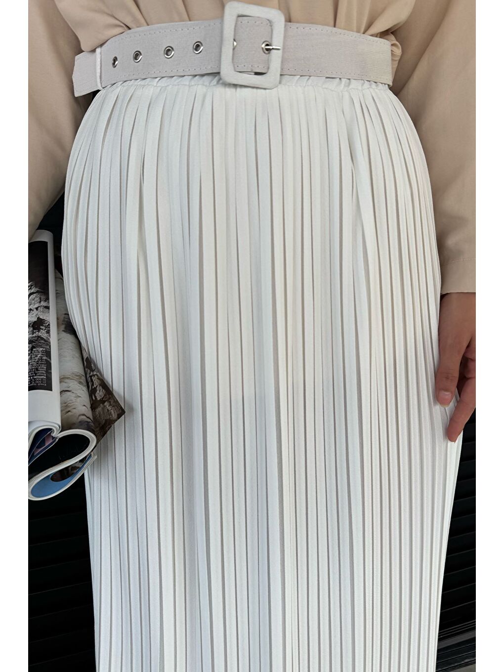 Ekru Kemerli Pileli Tesettür Etek (s,m,l,xl Uyumludur)-5