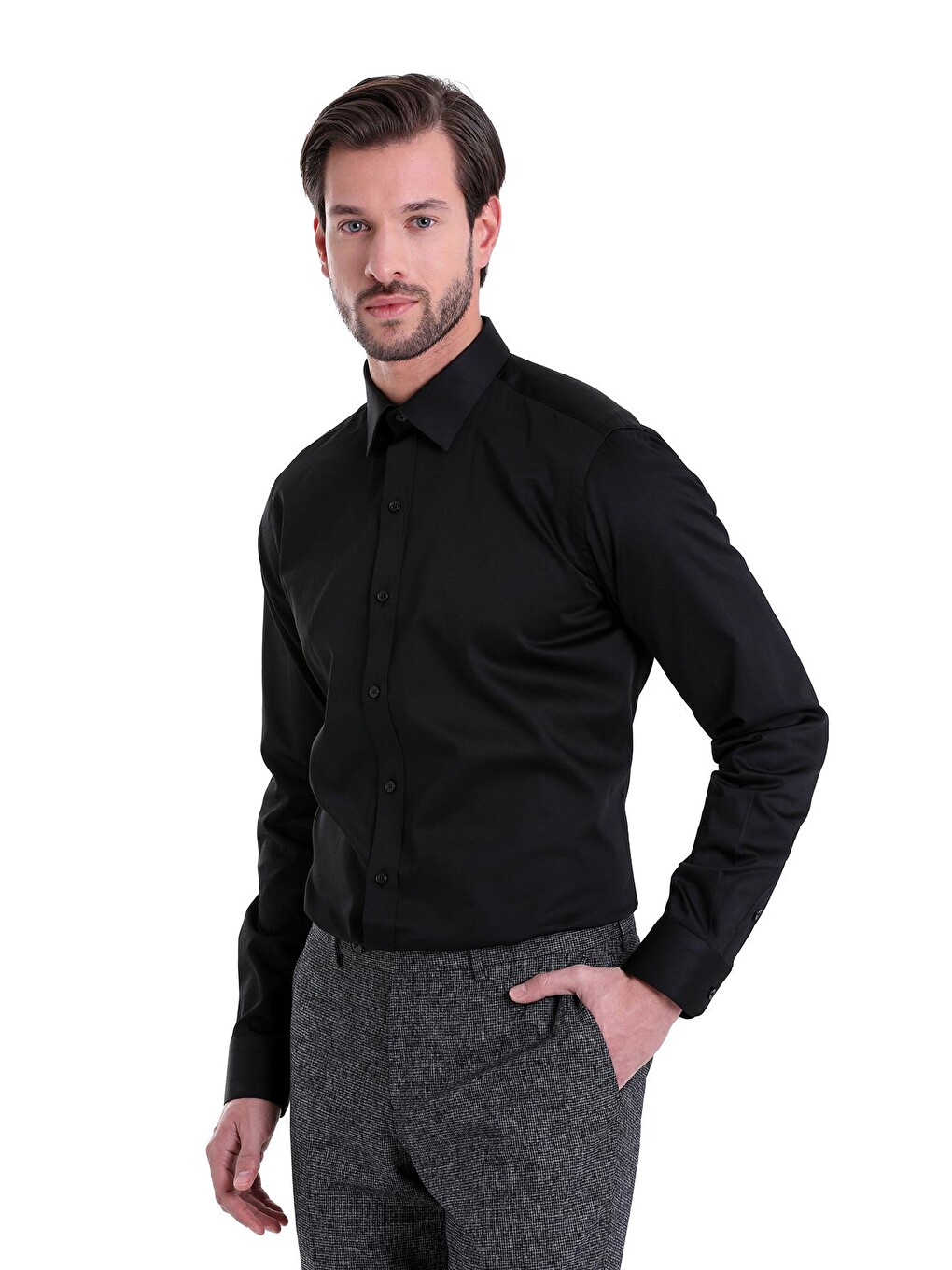 Siyah Comfort Fit Düz 100% Pamuk Slim Yaka Uzun Kollu Klasik Saten Gömlek
