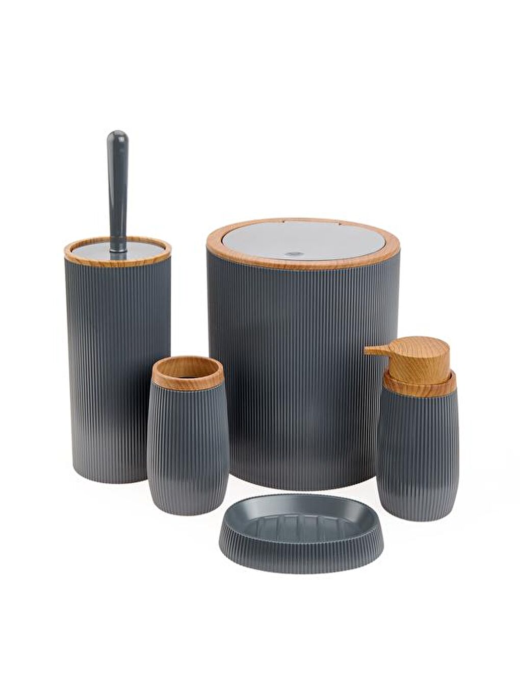 Bath Ahşap Desenli 5’li Banyo Seti - Antrasit-1