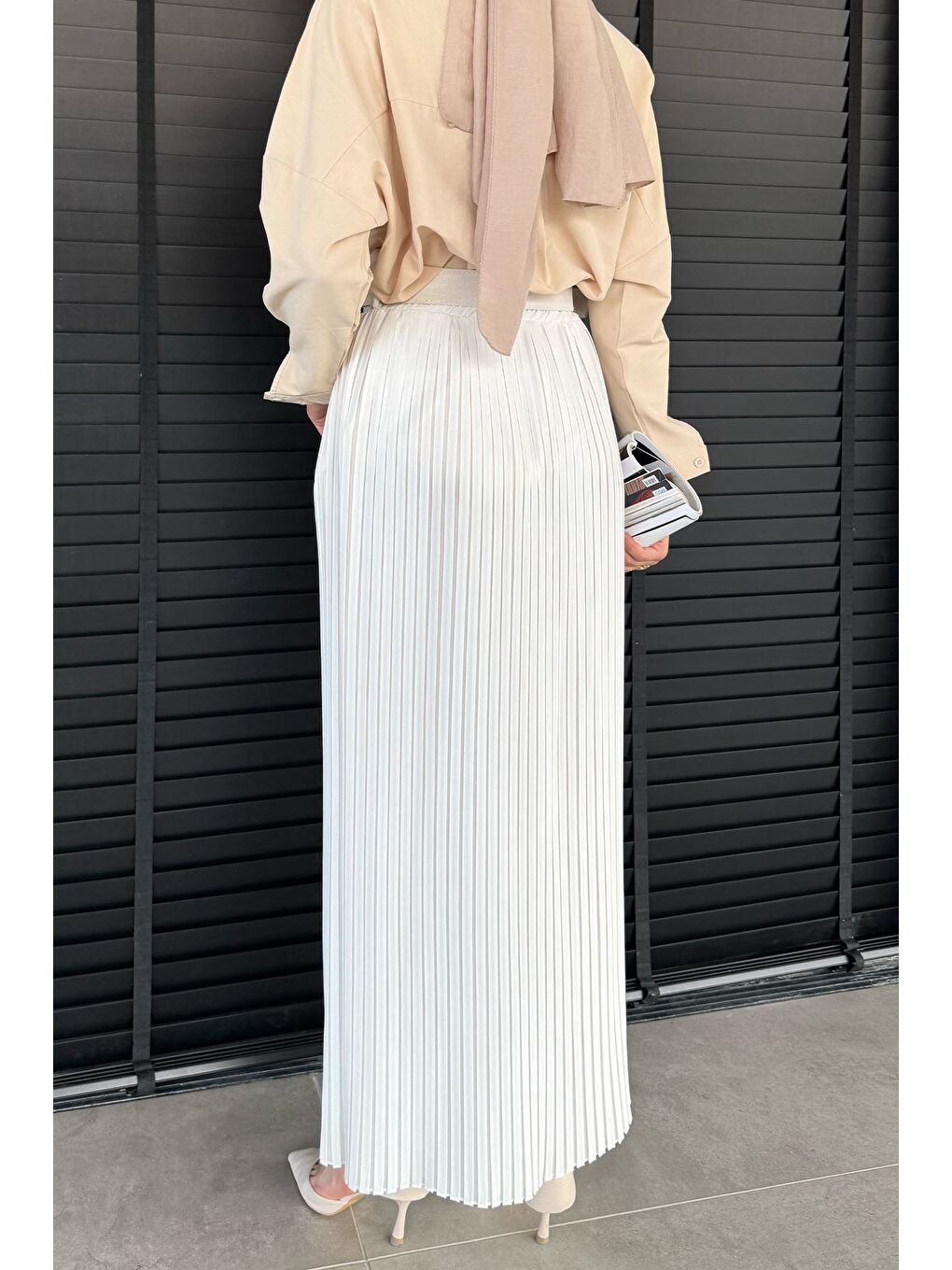 Ekru Kemerli Pileli Tesettür Etek (s,m,l,xl Uyumludur)-7