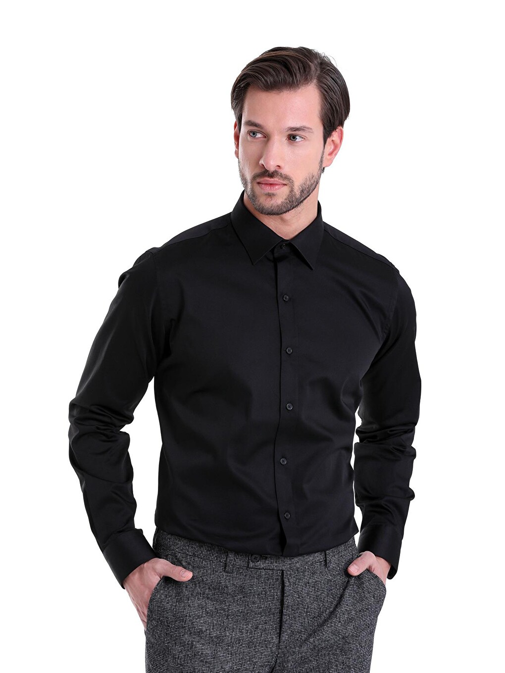 Siyah Comfort Fit Düz 100% Pamuk Slim Yaka Uzun Kollu Klasik Saten Gömlek-1
