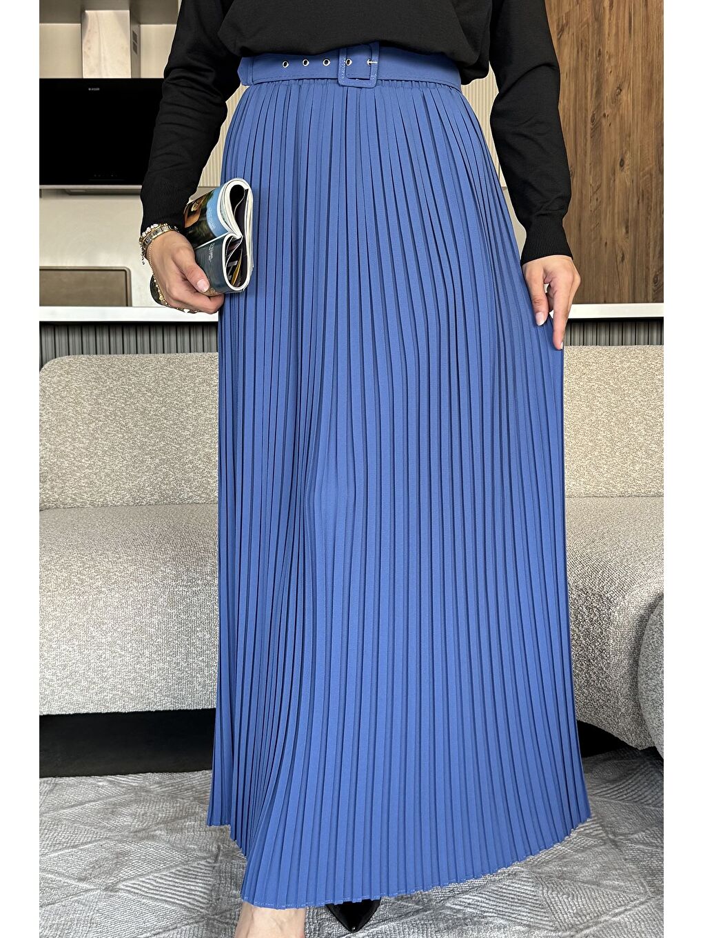 İndigo Kemerli Pileli Tesettür Etek (s,m,l,xl Uyumludur)-1