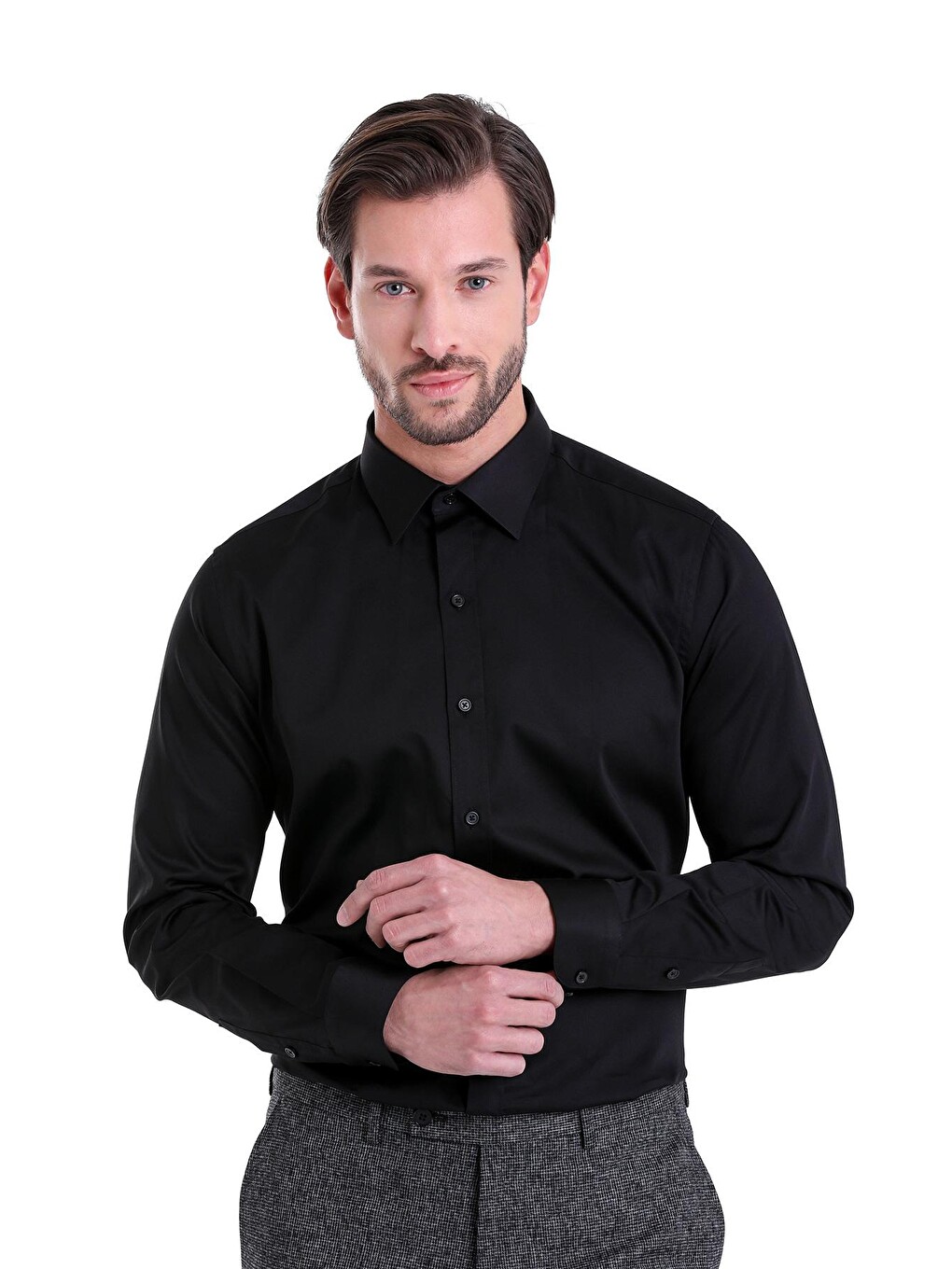 Siyah Comfort Fit Düz 100% Pamuk Slim Yaka Uzun Kollu Klasik Saten Gömlek-2