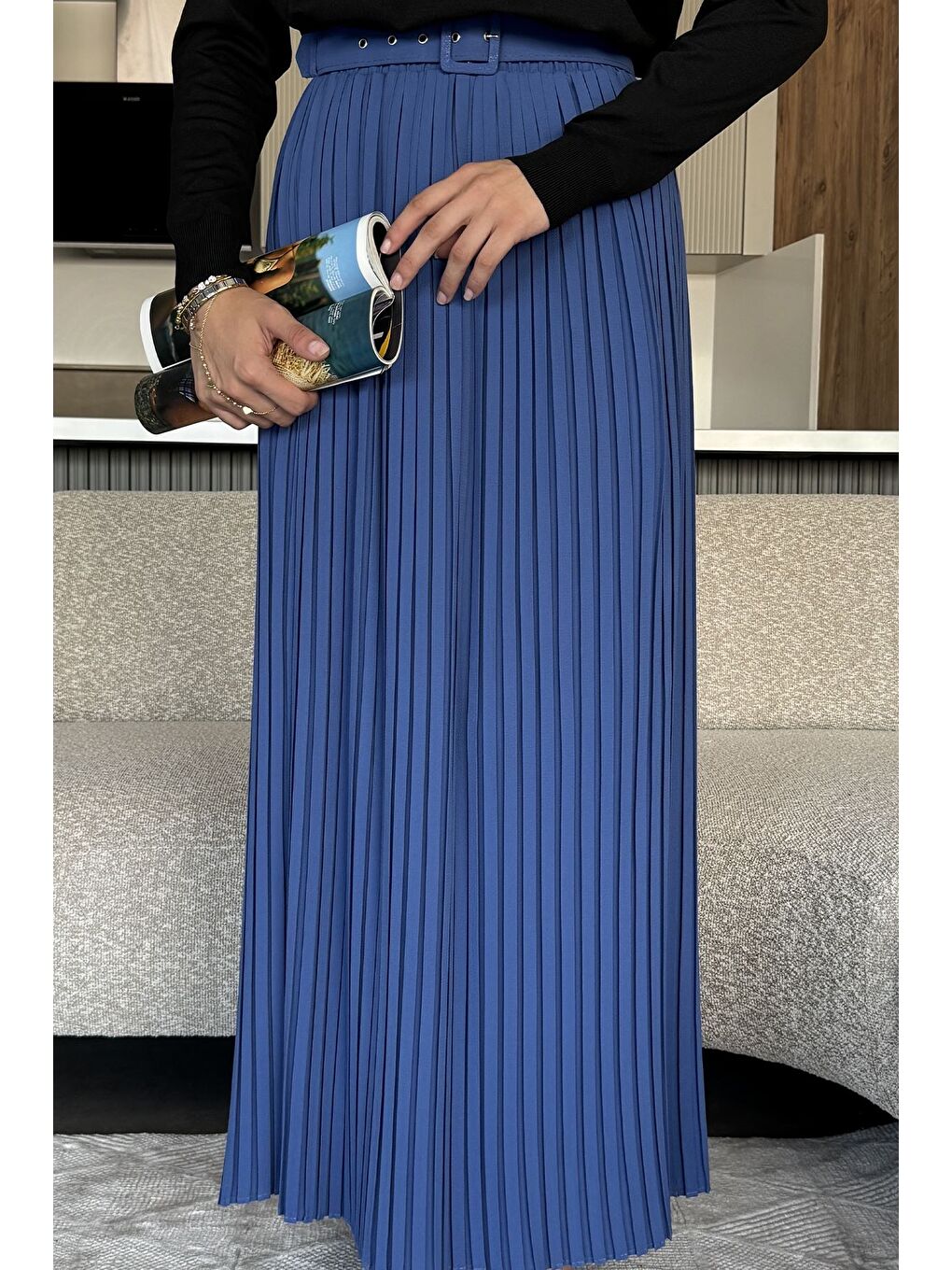 İndigo Kemerli Pileli Tesettür Etek (s,m,l,xl Uyumludur)-2