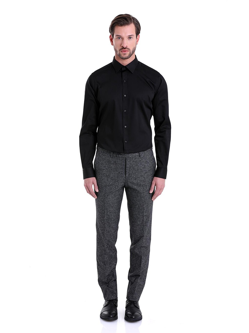 Siyah Comfort Fit Düz 100% Pamuk Slim Yaka Uzun Kollu Klasik Saten Gömlek-3
