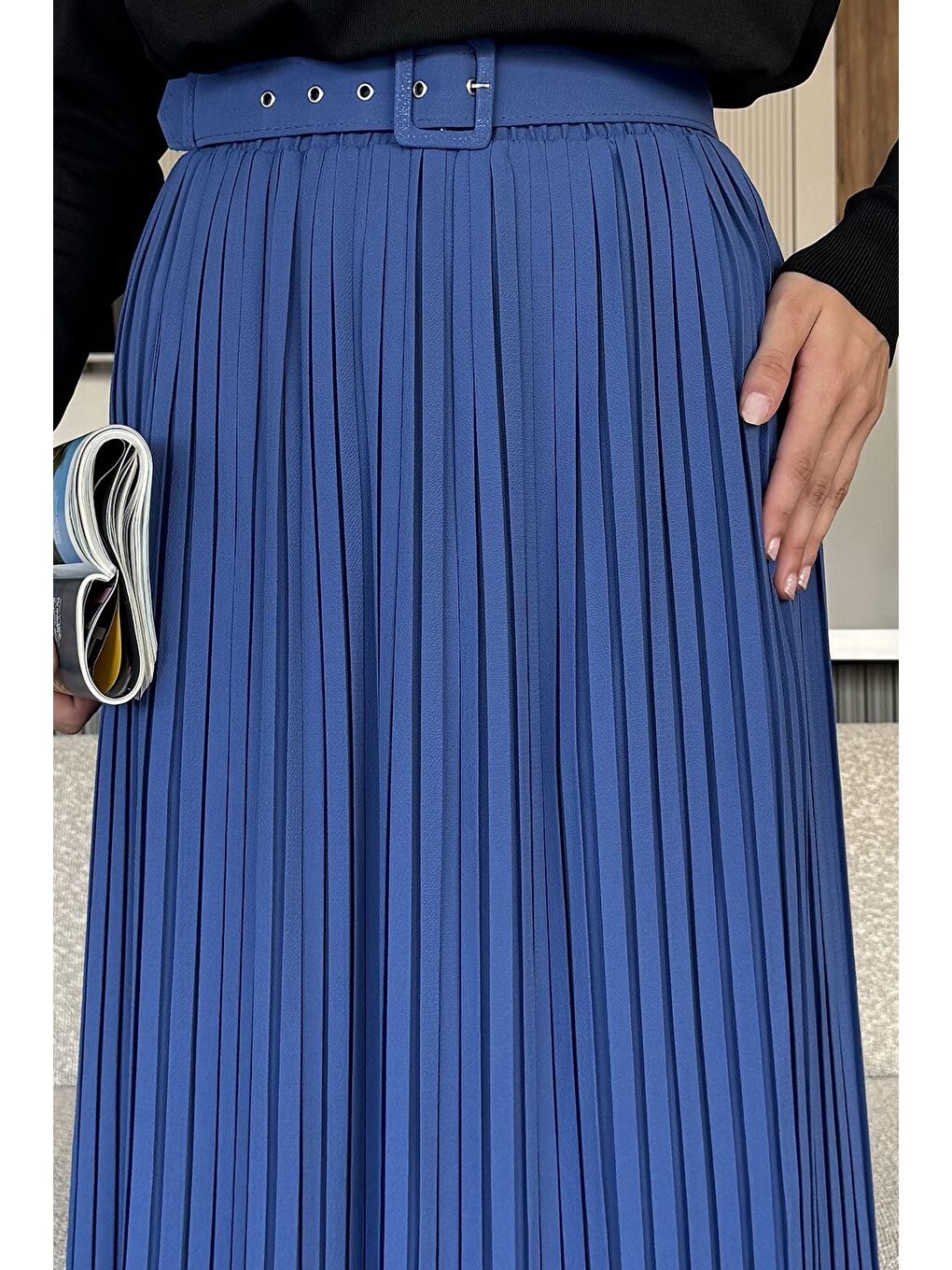 İndigo Kemerli Pileli Tesettür Etek (s,m,l,xl Uyumludur)-4