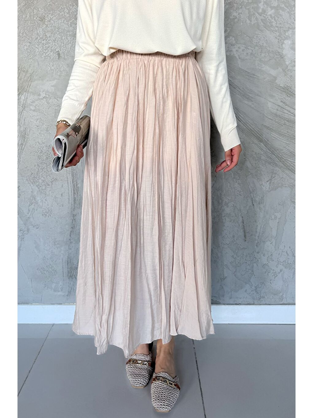 Bej Bel Lastikli Tesettür Etek