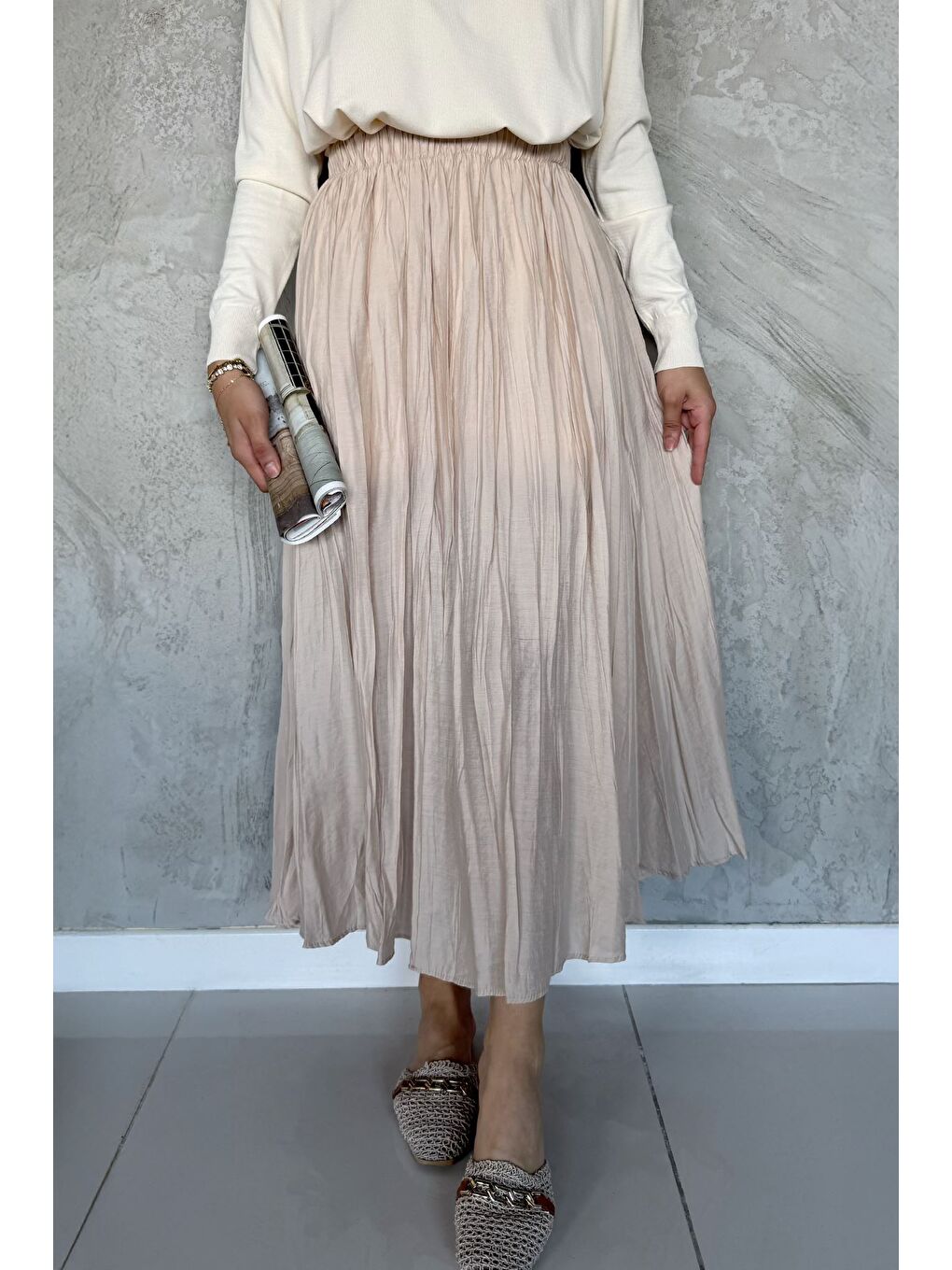 Bej Bel Lastikli Tesettür Etek-2