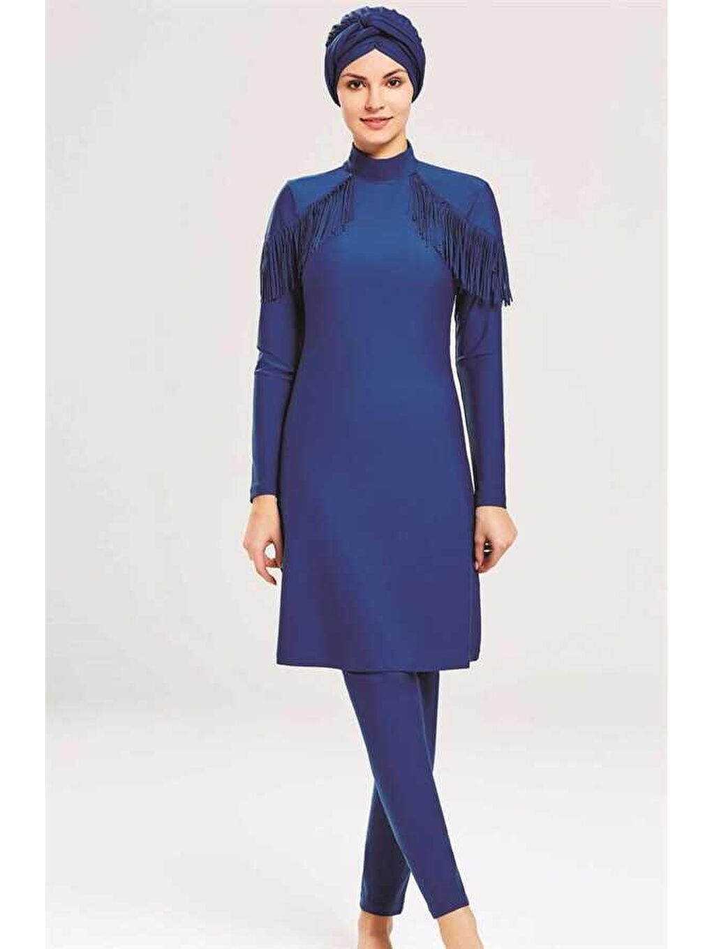 Tasarım Elastanlı Tam Kapalı Tesettür Mayo Püskül 4105 Açık Lacivert-1