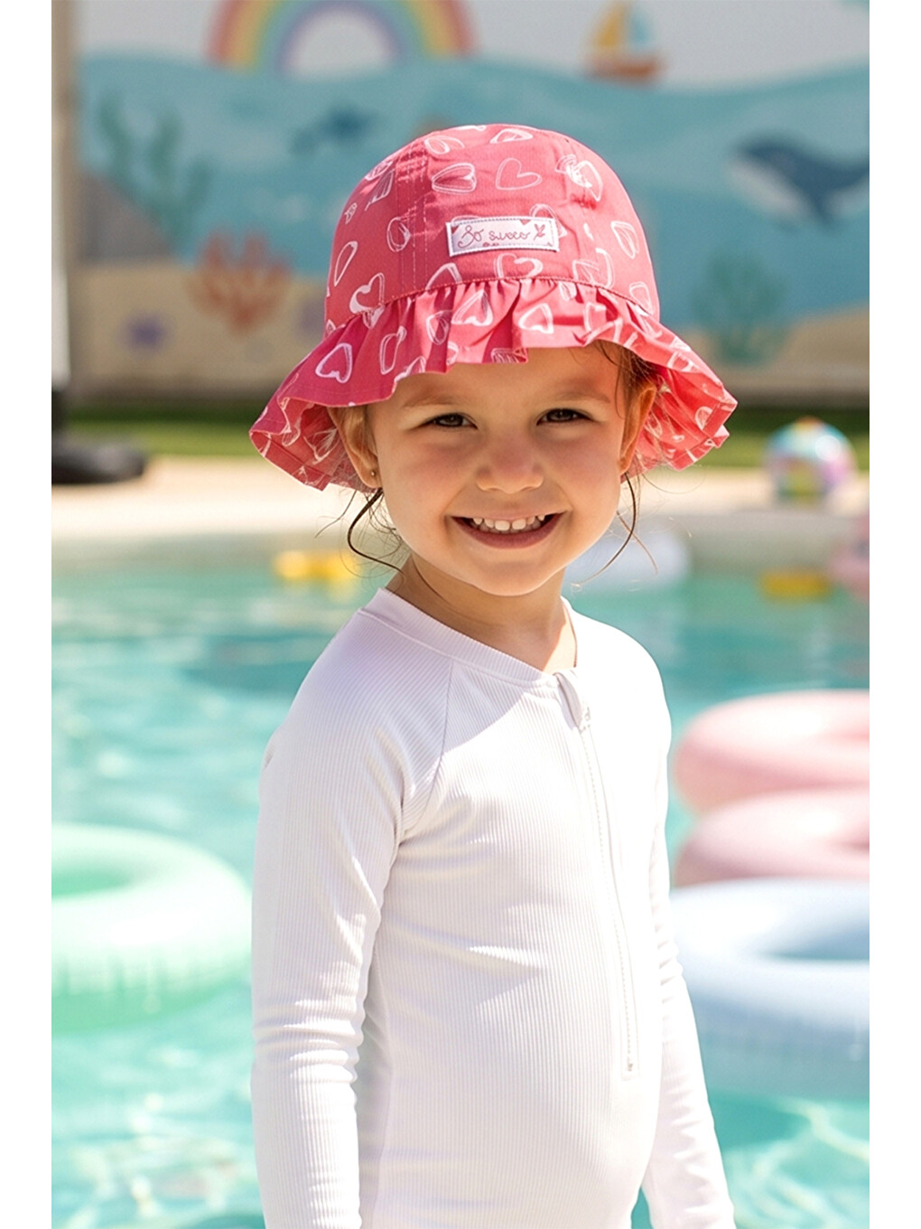 Pembe Kız Çocuk 1-4 Yaş Kalp Desenli Bucket Şapka 06-064 Fuşya