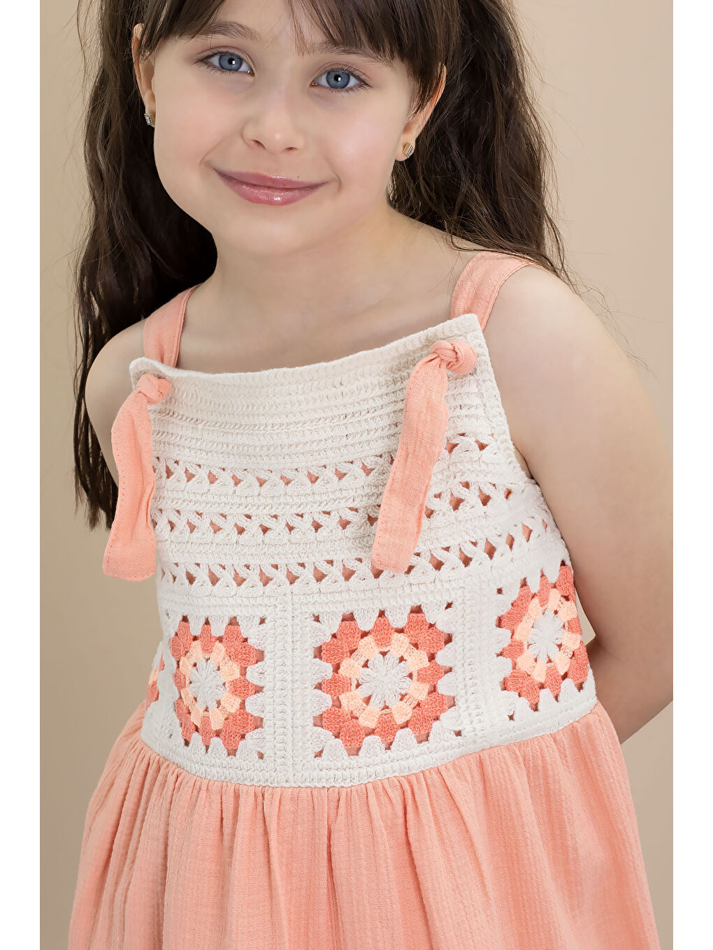 Turuncu Dantel Detaylı Askılı Kız Çocuk Müslin Elbise 21022-1