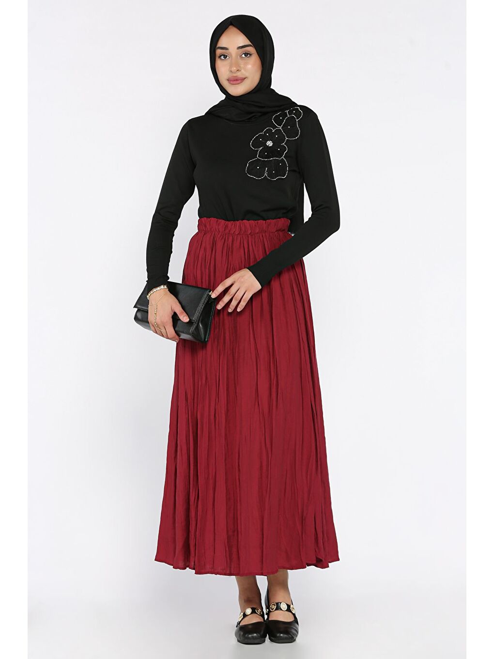 Bordo Bel Lastikli Tesettür Etek-3