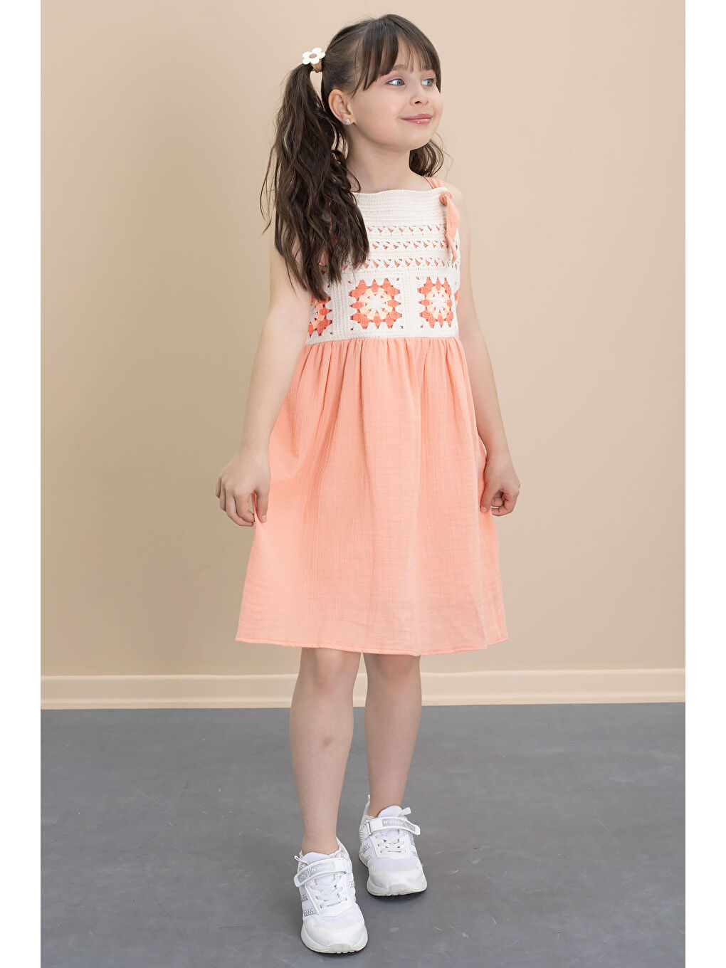 Turuncu Dantel Detaylı Askılı Kız Çocuk Müslin Elbise 21022-2