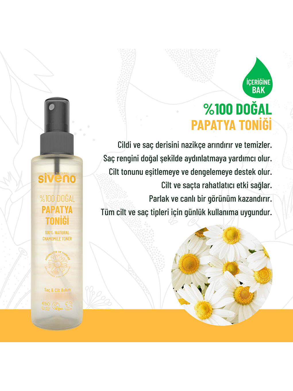 %100 Doğal Papatya Suyu Aydınaltma Etkili Arındırıcı Rahatlatıcı Saç ve Cilt Toniği 150 ml-1