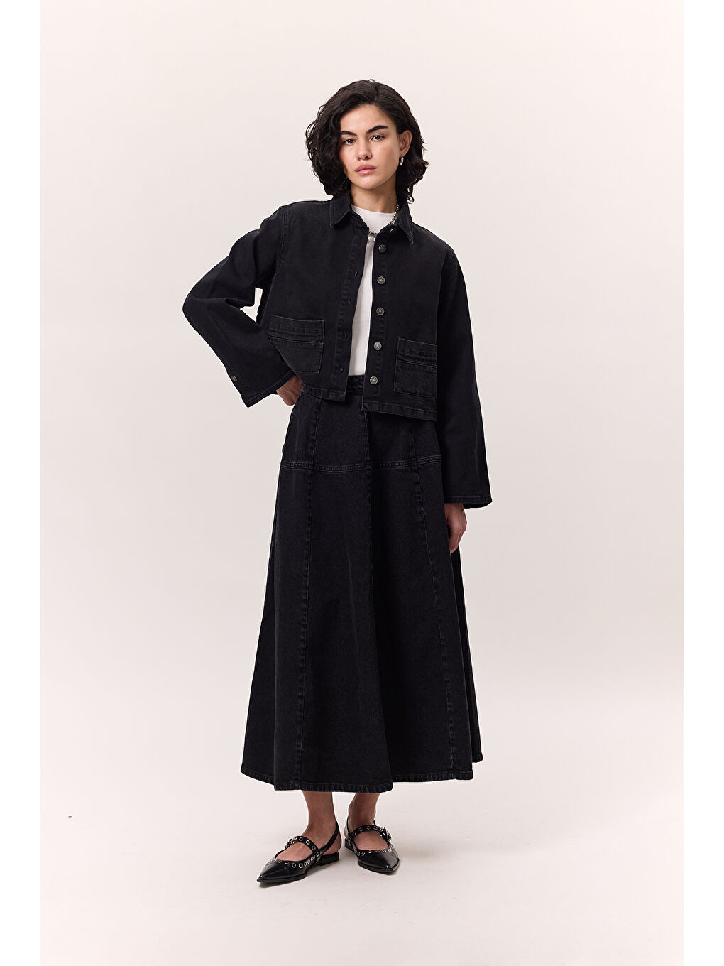 Geniş Büzgülü Denim Etek Siyah