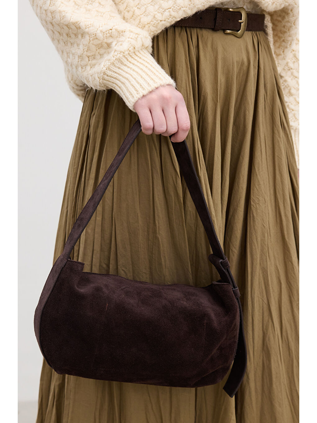 Kahverengi Ari Süet Omuz Çantası Acı Kahve-1