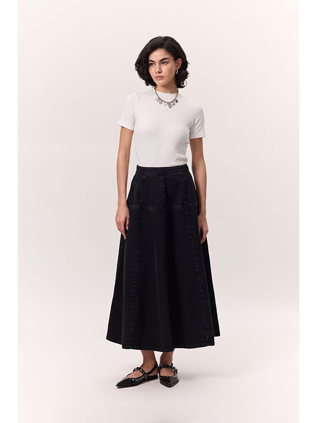 Geniş Büzgülü Denim Etek Siyah-2