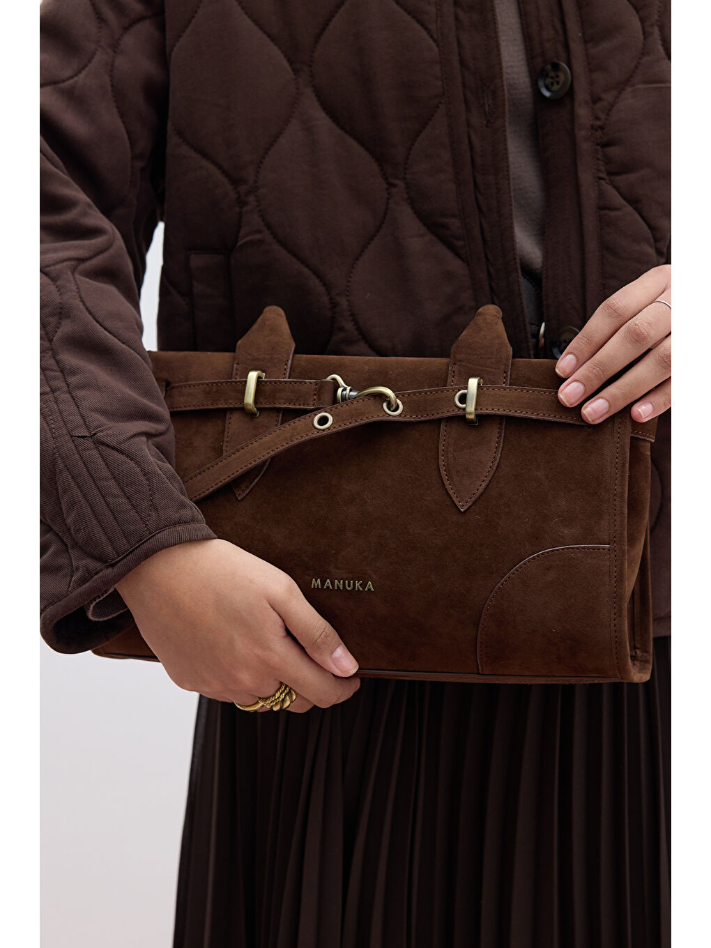 Kahverengi Grace Suni Süet Kemerli Çanta Acı Kahve