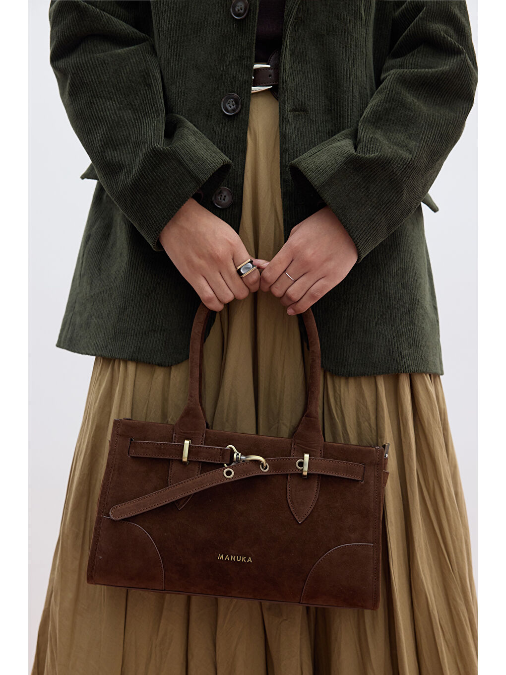 Kahverengi Grace Suni Süet Kemerli Çanta Acı Kahve-1