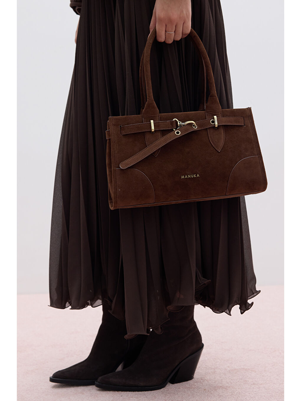 Kahverengi Grace Suni Süet Kemerli Çanta Acı Kahve-2