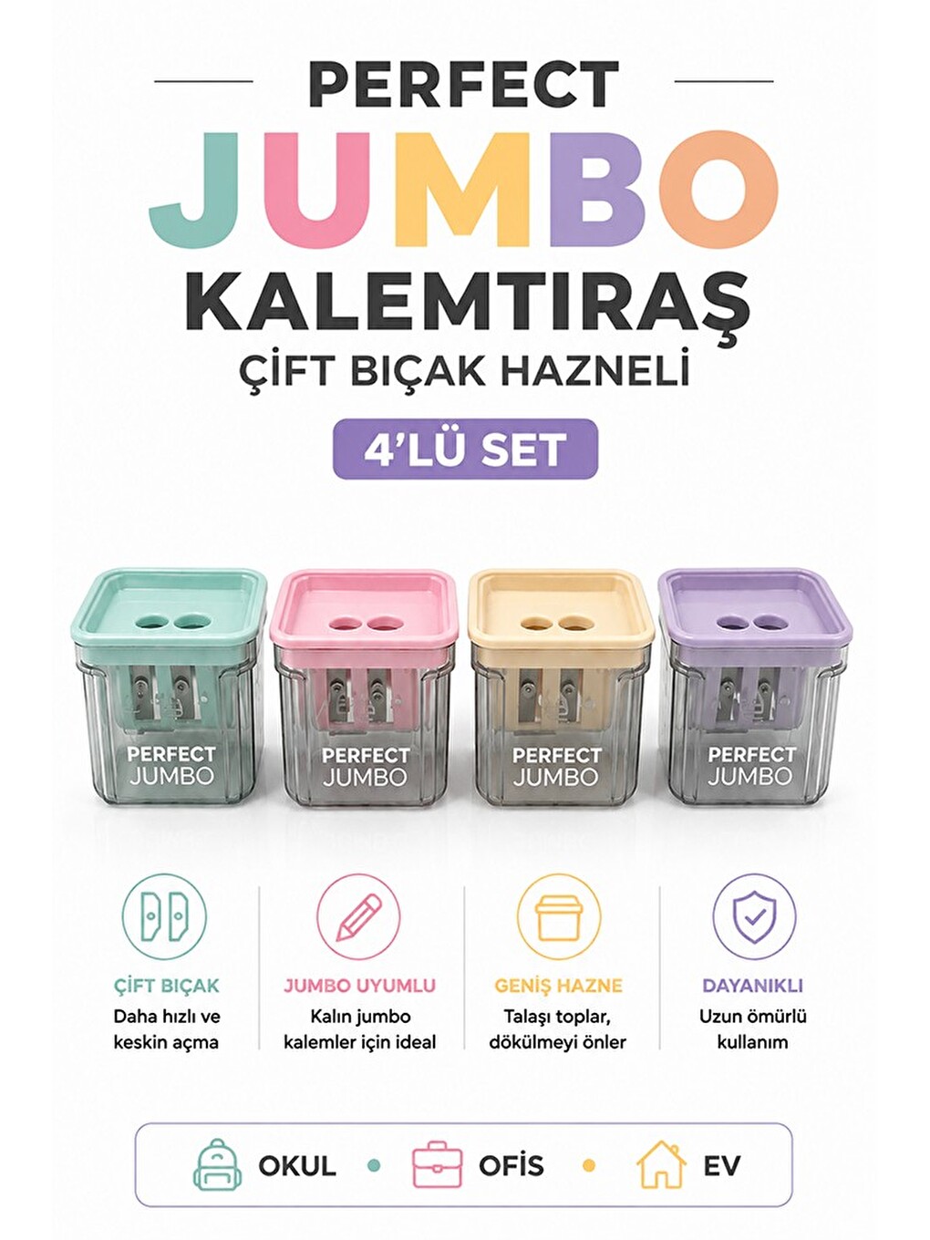 Kalemtraş 4 Adet Perfect Hazneli Çift Bıçaklı Jumbo Kalem Açacağı Plastik Kalemtıraş Kalem Traş Okul-3