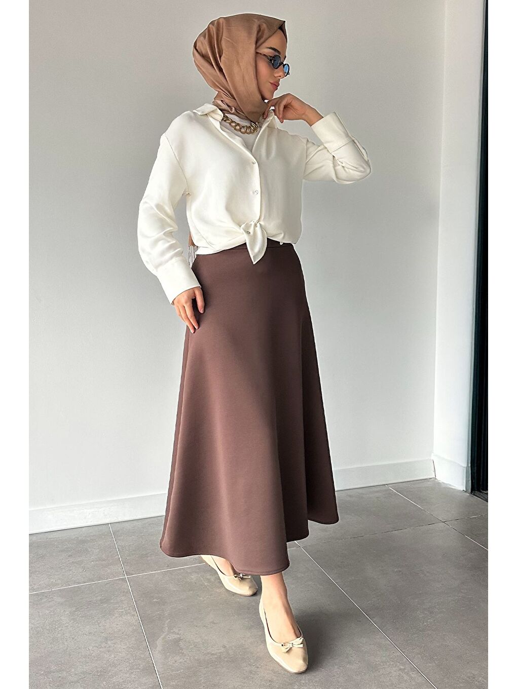 Kahverengi Bel Lastikli Scuba Tesettür Kiloş Etek-2