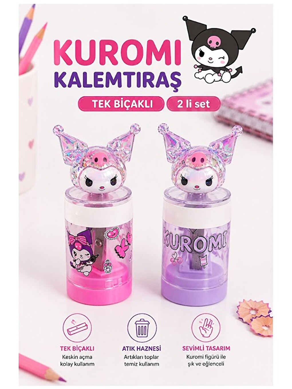 Kuromi Kalemtraş 2 Li Kuromi Figürlü Hazneli Tek Bıçaklı Kalem Açacağı Sevimli Plastik Kalem Traş